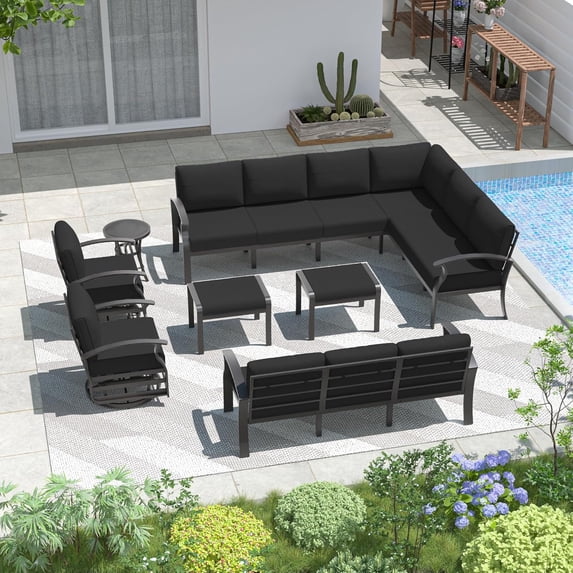 Kullavik 13 Pcs Aluminum Patio funiture Set with Swivel Chair,Garden Funiture Sectional Sofa with High Back, Outdoor Conversation Set, 2 Footstools,Backyard,Back