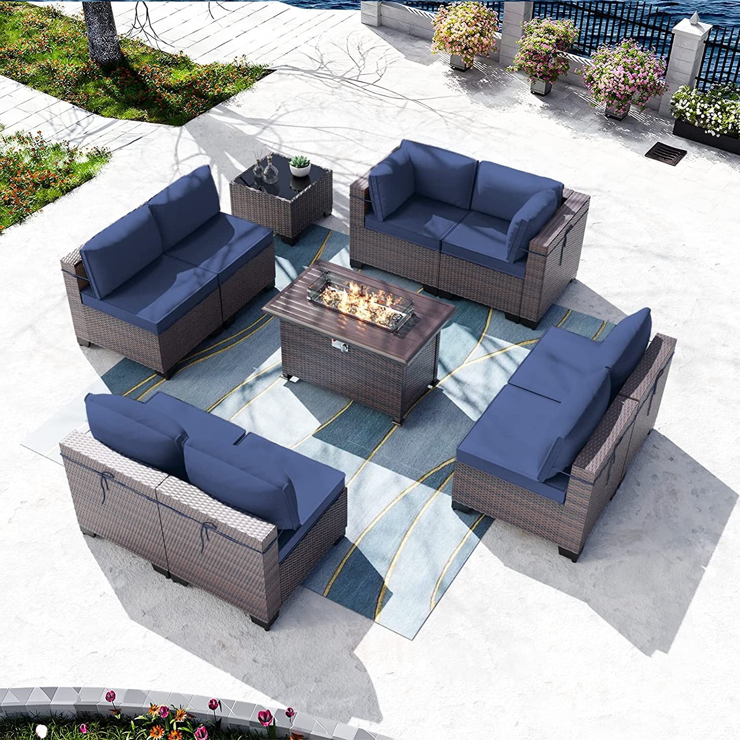 Kullavik 11-Piece Outdoor Patio Set With 55000 BTU Fire Pit Table – PE Wicker Sectional, Swivel Rockers, Red