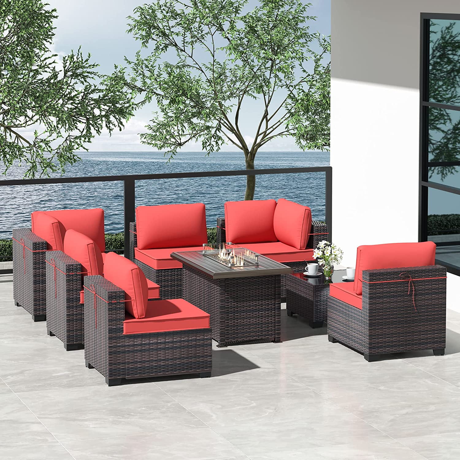 Kullavik 13 Pieces Outdoor Patio Furniture With 43 55000btu Gas Propane Fire Pit Table Pe 8563