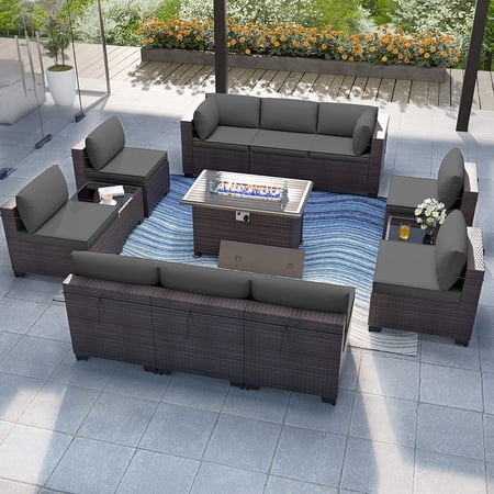 Kullavik 13 Pieces Outdoor Patio Furniture Set with Fire Pit Table Outdoor PE Rattan Wicker sectional Sofa Set,Patio Conversation Set with Coffee Table,Grey