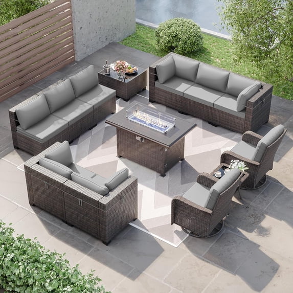 Kullavik 13 Pieces Patio Furniture Set, Rattan Wicker Outdoor Conversation Sets w/43in Propane Fire Pit Table, Swivel Rocking Chairs Patio Sectional Sofa w/4 Inch Cushion, Gray