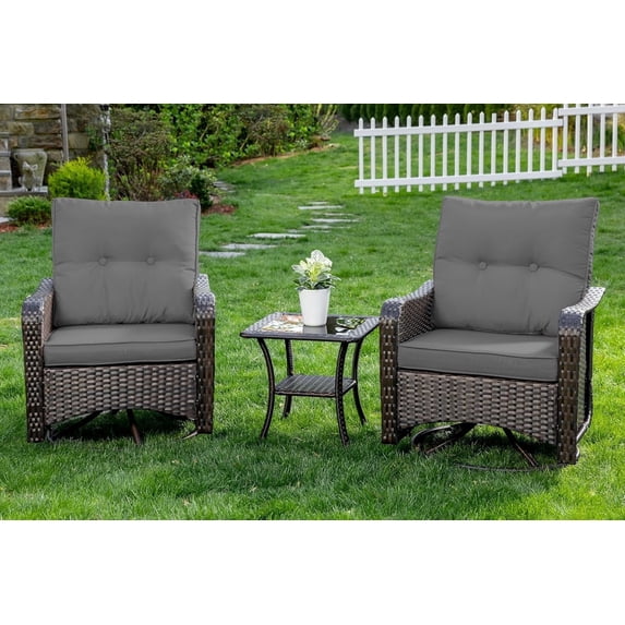Kullavik 3 Pieces Patio Swivel Rocker Wicker Chairs-Outdoor Swivel Rocking Chairs with 1 Rattan Coffee Table&2 Grey Thickened Cushions Outdoor Furniture Conversation Sets for Patio Garden - Grey