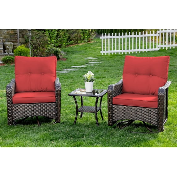 Kullavik 3 Pieces Patio Swivel Rocker Wicker Chairs-Outdoor Swivel Rocking Chairs with 1 Rattan Coffee Table&2 Grey Thickened Cushions Outdoor Furniture Conversation Sets for Patio Garden - Red