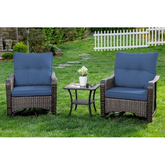 Kullavik 3 Pieces Patio Swivel Rocker Wicker Chairs-Outdoor Swivel Rocking Chairs with 1 Rattan Coffee Table&2 Grey Thickened Cushions Outdoor Furniture Conversation Sets for Patio Garden - Navy