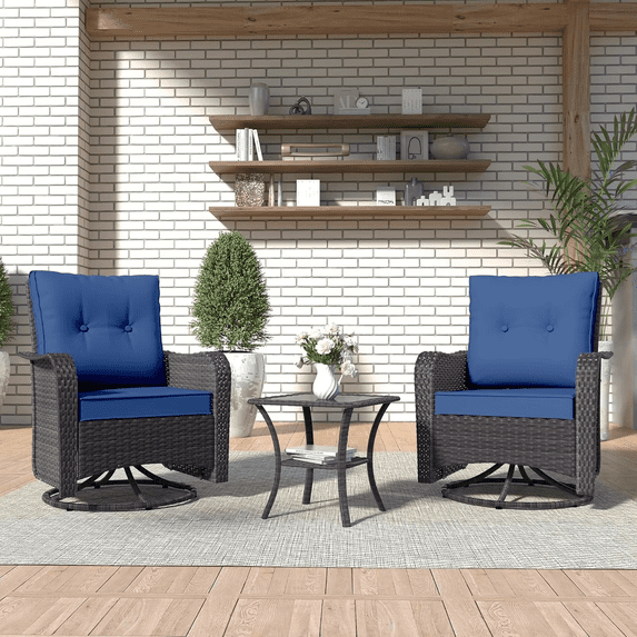 Kullavik 3PCS Wicker Rocking Chair Swivel Chairs, Patio Furniture Set Rattan Rocking Bistro Sets with Coffee Table for Outdoor Porch Deck Garden Backyard,Navy Blue