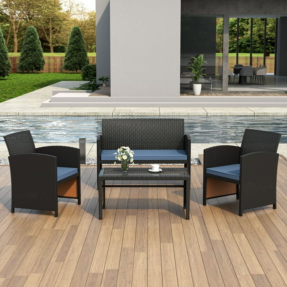 Kullavik 4 Pieces Wicker Outdoor Conversation Set with Cushions & Tempered Glass Tabletop, Navy Blue