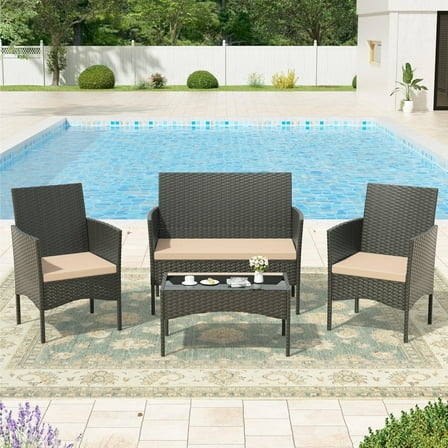 Kullavik 4 Pieces Outdoor Patio Furniture Set,PE Wicker Rattan Chairs Garden Conversation Sets with Tempered Glass Table and Soft Cushions for Lawn,Pool or Backyard,Sand