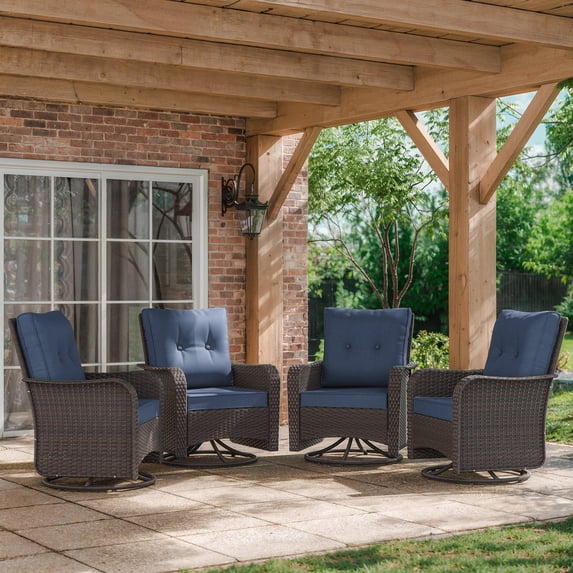 Kullavik 4 Pieces Patio Swivel Rocker Wicker Chairs Set – Outdoor Swivel Rocking Chairs with Thickened Cushions, All-Weather Wicker Patio Furniture Conversation Set for Garden, Deck, Backyard,Navy