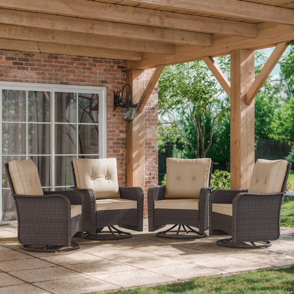 Kullavik 4 Pieces Patio Swivel Rocker Wicker Chairs Set – Outdoor Swivel Rocking Chairs with Thickened Cushions, All-Weather Wicker Patio Furniture Conversation Set for Garden, Deck, Backyard,Khaki