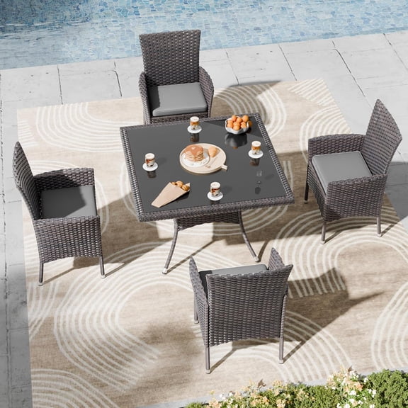 Kullavik 5-Piece Patio Outdoor Dining Set, Wicker Patio Furniture Set of 4 Rattan Chairs with Soft Cushions and Square Table with Umbrella Cutout, Grey
