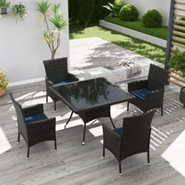 Kullavik 5-Piece Patio Outdoor Dining Set, Wicker Patio Furniture Set of 4 Rattan Chairs with Soft Cushions and Square Table with Umbrella Cutout, Navy Blue