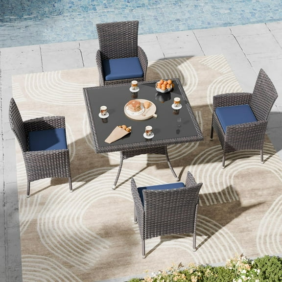 Kullavik 5-Piece Patio Outdoor Dining Set, Wicker Patio Furniture Set of 4 Rattan Chairs with Soft Cushions and Square Table with Umbrella Cutout, Navy Blue