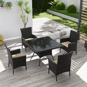 Kullavik 5-Piece Patio Outdoor Dining Set, Wicker Patio Furniture Set of 4 Rattan Chairs with Soft Cushions and Square Table with Umbrella Cutout, Sand