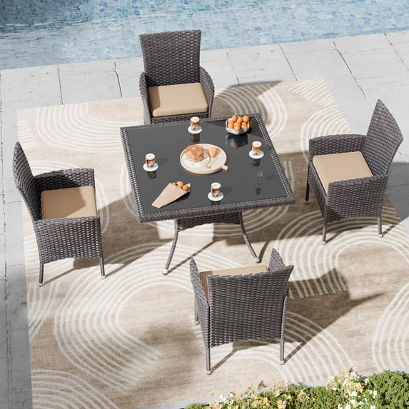 Kullavik 5-Piece Patio Outdoor Dining Set, Wicker Patio Furniture Set of 4 Rattan Chairs with Soft Cushions and Square Table with Umbrella Cutout, Sand