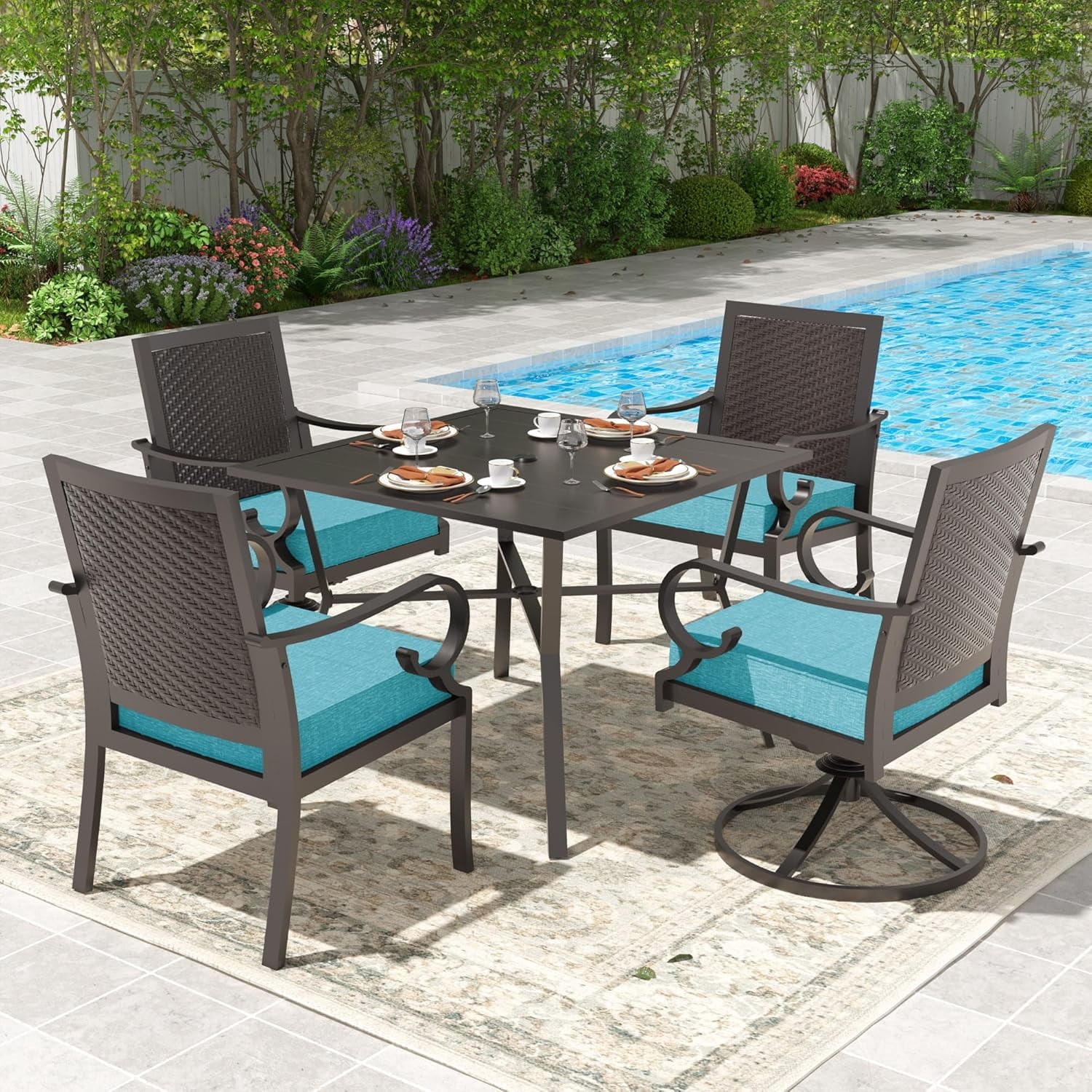 Kullavik 5 Pieces Dining Set for 4 ,Rattan Wicker Chairs & Swivel Chairs,Iron Square Table w/ Parasol Hole,Outdoor & Indoor Rattan Patio Dinging Set For Patio,Backyard,Garden,Poolside-Blue