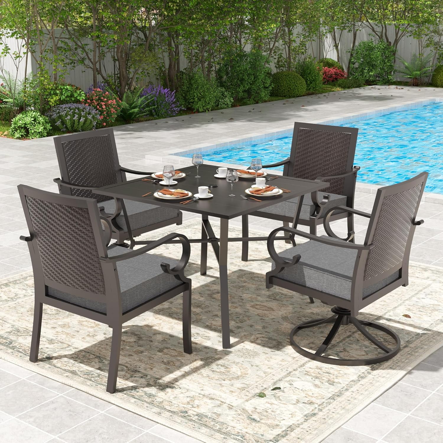 Kullavik 5 Pieces Dining Set for 4 ,Rattan Wicker Chairs & Swivel Chairs,Iron Square Table w/ Parasol Hole,Outdoor & Indoor Rattan Patio Dinging Set For Patio,Backyard,Garden,Poolside-Grey
