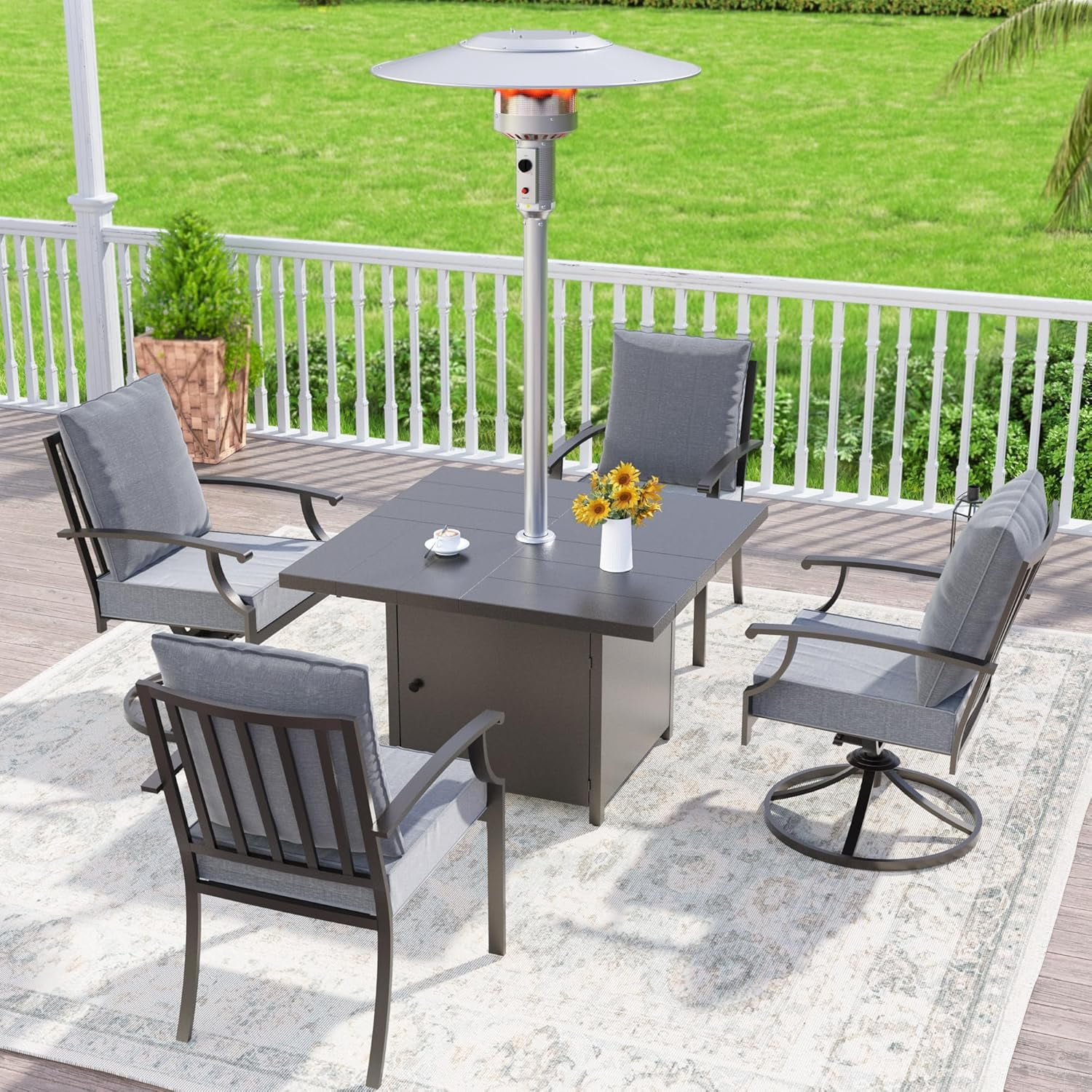 Kullavik 5 Pieces Dining Sets For 4,2 Fence Pattern Back Chairs & 2 Swivel Chairs,45,000BTU Outdoor Heater w/Square Table,Outdoor Patio Dinging Set For Patio,Backyard,Garden,Poolside-Grey