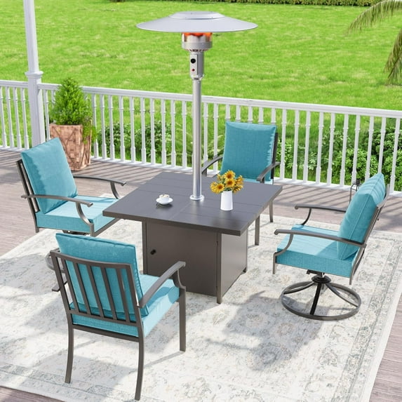 Kullavik 5 Pieces Dining Sets For 4,2 Fence Pattern Back Chairs & 2 Swivel Chairs,45,000BTU Outdoor Heater w/Square Table,Outdoor Patio Dinging Set For Patio,Backyard,Garden,Poolside-Blue