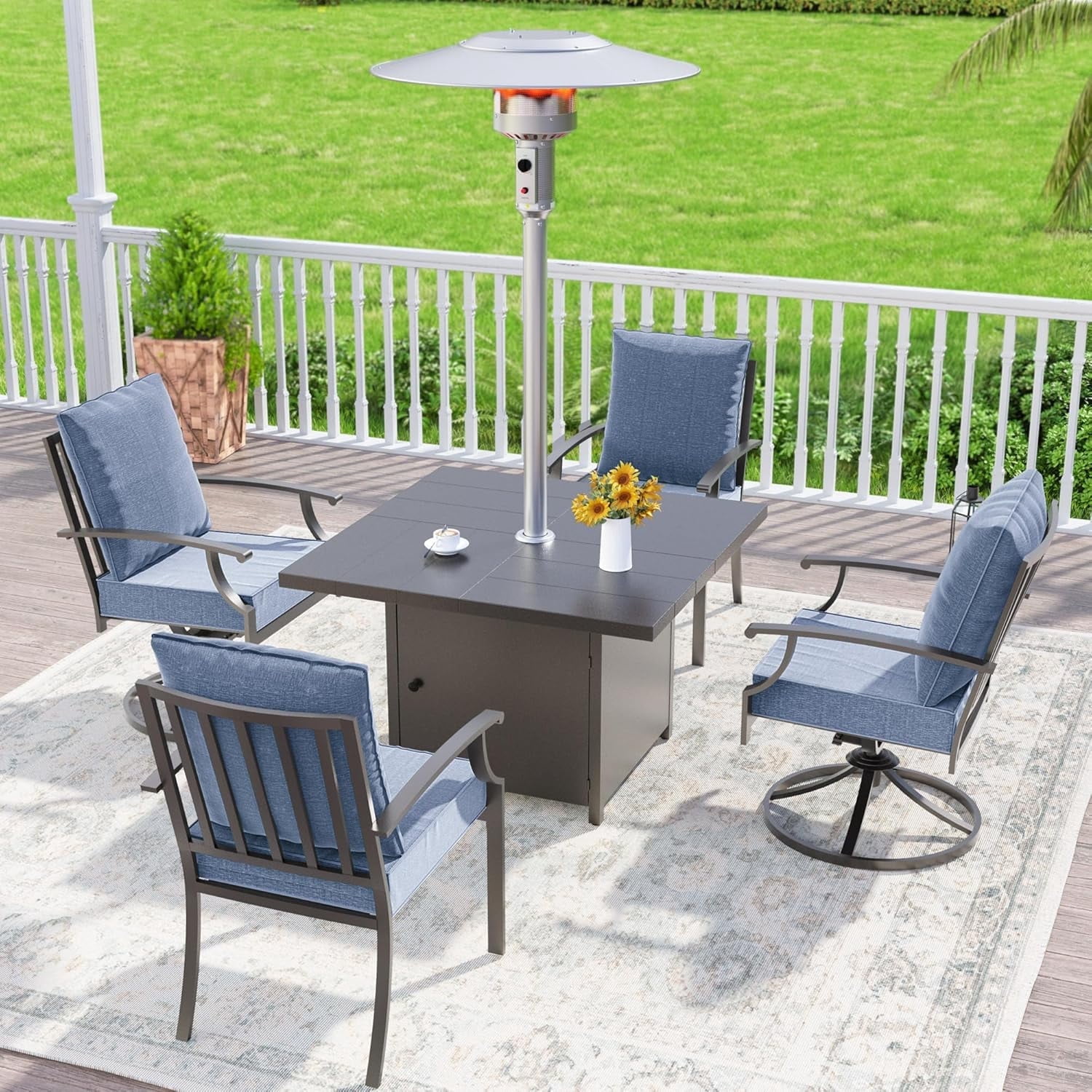 Kullavik 5 Pieces Dining Sets For 4,2 Fence Pattern Back Chairs & 2 Swivel Chairs,45,000BTU Outdoor Heater w/Square Table,Outdoor Patio Dinging Set For Patio,Backyard,Garden,Poolside-Navy