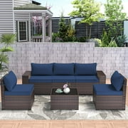 Kullavik 6 Pieces Outdoor Patio Furniture Set with Coffee Table and Seat Cushion PE Wicker Rattan Sectional Sofa Patio Conversation Set,Navy Blue
