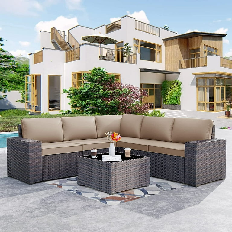 Kullavik 6 Pieces Patio Furniture Sets All Weather Outdoor Sectional Sofa Manual Weaving Wicker Rattan Patio Conversation Set with Cushion and Glass
