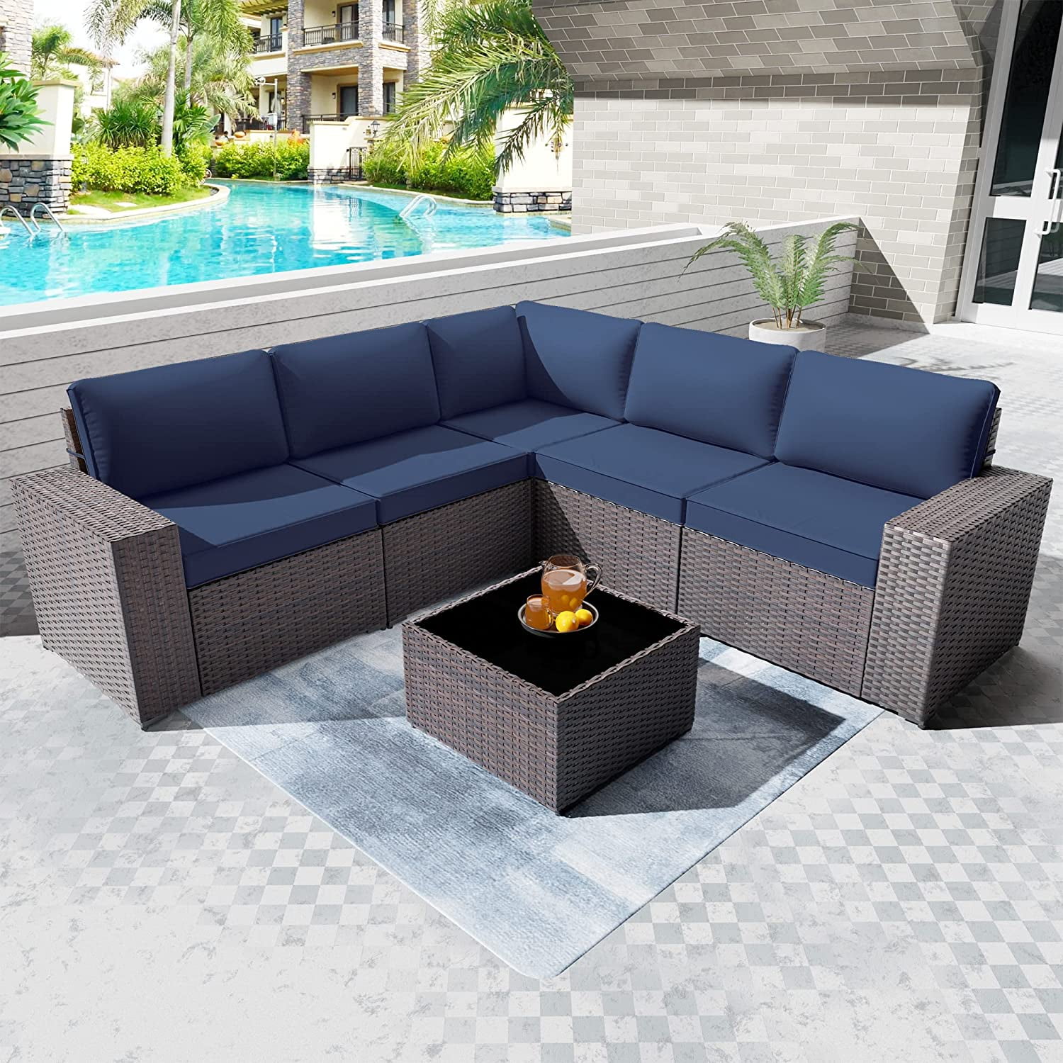 Kullavik 6 Pieces Patio Furniture Sets All Weather PE Wicker Outdoor Sectional Sofa Couch Garden Backyard Conversation Set with Glass Coffee