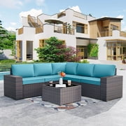 Kullavik 6 Pieces Patio Furniture Sets All Weather Outdoor Sectional Sofa Manual Weaving Wicker Rattan Patio Conversation Set with Cushion and Glass Table Blue