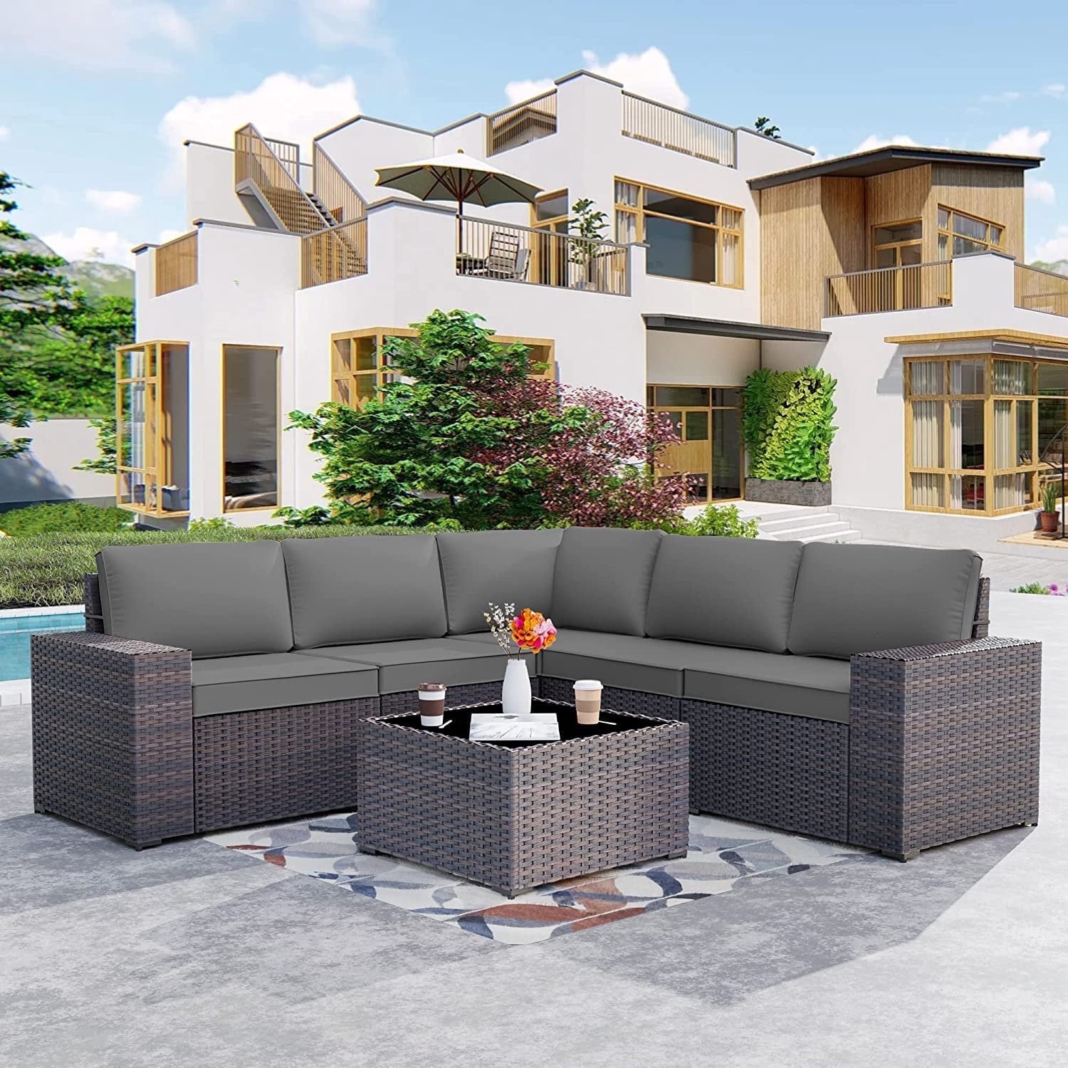 Kullavik 6 Pieces Patio Furniture Sets All Weather Outdoor Sectional Sofa Manual Weaving Wicker Rattan Patio Conversation Set with Cushion and Glass Table (Gray)