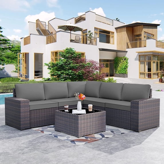 Kullavik 6 Pieces Patio Furniture Sets All Weather Outdoor Sectional Sofa Manual Weaving Wicker Rattan Patio Conversation Set with Cushion and Glass Table (Gray)