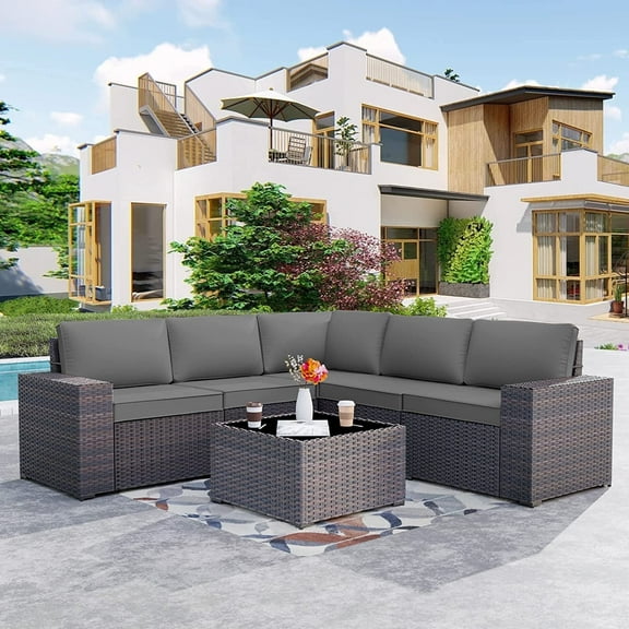 Kullavik 6 Pieces Patio Furniture Sets All Weather Outdoor Sectional Sofa Manual Weaving Wicker Rattan Patio Conversation Set with Cushion and Glass Table (Gray)