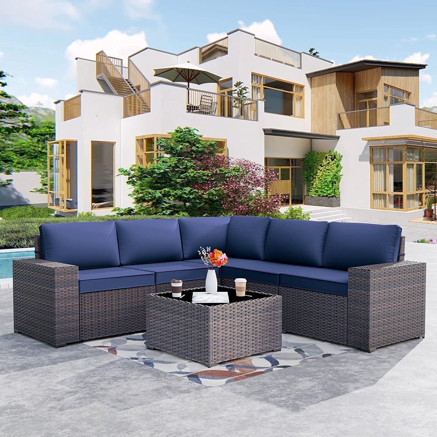 Kullavik 6 Pieces Patio Furniture Sets All Weather Outdoor Sectional Sofa Manual Weaving Wicker Rattan Patio Conversation Set with Cushion and Glass Table (Navy Blue)