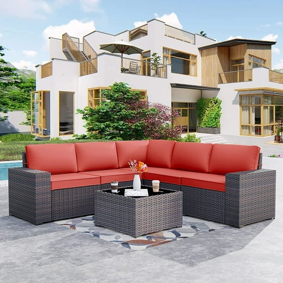 Kullavik 6 Pieces Patio Furniture Sets All Weather Outdoor Sectional Sofa Manual Weaving Wicker Rattan Patio Conversation Set with Cushion and Glass Table (Red)