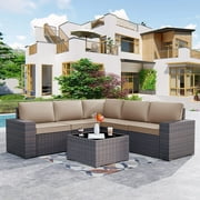 Kullavik 6 Pieces Patio Furniture Sets All Weather Outdoor Sectional Sofa Manual Weaving Wicker Rattan Patio Conversation Set with Cushion and Glass Table Sand