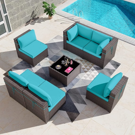Kullavik 7 Pieces Outdoor Patio Furniture Set Sectional Rattan Wicker Furniture Sofa Set Patio Conversation Set with Tempered Glass Table and Seat Cushion,Blue