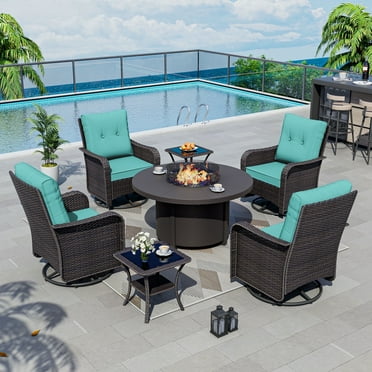Kullavik 7 Pieces Outdoor Patio Furniture Set with 40000 BTU Round Fire Pit Table,PE Wicker Rattan Swivel Arm Chair Set, Patio Conversation Sets,Blue
