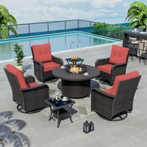 Kullavik 7 Pieces Outdoor Patio Furniture Set with 40000 BTU Round Fire Pit Table,PE Wicker Rattan Swivel Arm Chair Set, Patio Conversation Sets,Red