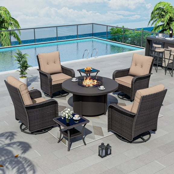 Kullavik 7 Pieces Outdoor Patio Furniture Set with 40000 BTU Round Fire Pit Table,PE Wicker Rattan Swivel Arm Chair Set, Patio Conversation Sets,Sand