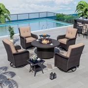 Kullavik 7 Pieces Outdoor Patio Furniture Set with 40000 BTU Round Fire Pit Table,PE Wicker Rattan Swivel Arm Chair Set, Patio Conversation Sets,Sand