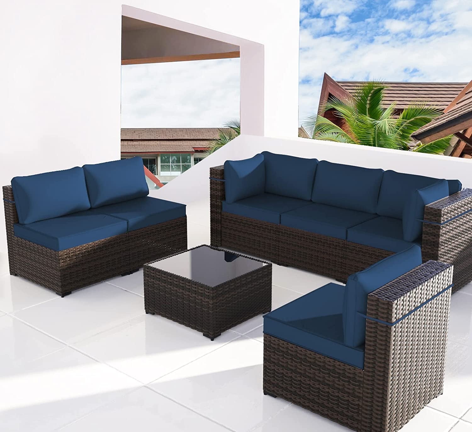 Walmart Deal of Kullavik 7-Piece PE Rattan Wicker Patio Furniture Set, Outdoor Sectional Sofa with Coffee Table and Navy Blue Cushions