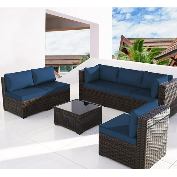Kullavik 7 Pieces Patio Furniture Set PE Rattan Wicker Outdoor Furniture Sectional Sofa Patio Conversation Set with Coffee Table and Seat Cushion,Navy Blue