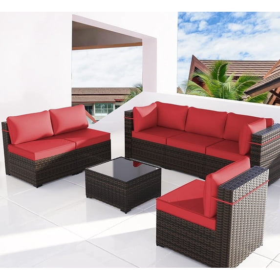Kullavik 7 Pieces Patio Furniture Set PE Rattan Wicker Outdoor Furniture Sectional Sofa Patio Conversation Set with Coffee Table and Seat Cushion,Red