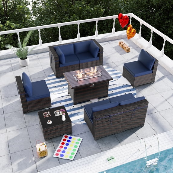 Kullavik 8 Pieces Outdoor Furniture Set with 43" Gas Propane Fire Pit Table PE Wicker Rattan Sectional Sofa Patio Conversation Sets,Navy Blue
