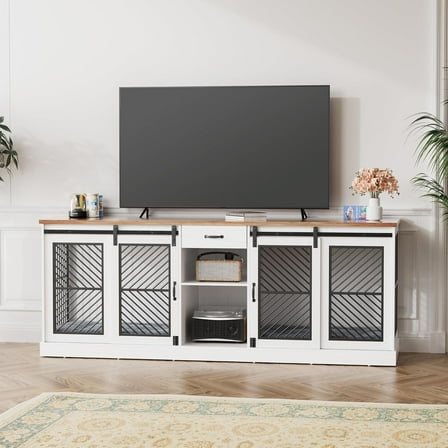 Kullavik 86.6" Farmhouse TV Stand with Pet Crate, Sliding Barn Doors, Adjustable Shelves, Storage Drawers, Lockable Enclosure for Small Pets, Fits TVs up to 75", Rustic Wood Look Entertainment Center