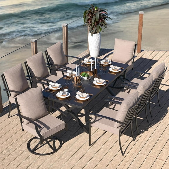Kullavik 9 Pieces Dining Sets of 8,Fence Pattern Back Chairs & Swivel Chairs,Outdoor Patio Dinging Set For Patio,Backyard,Garden,Poolside-Sand