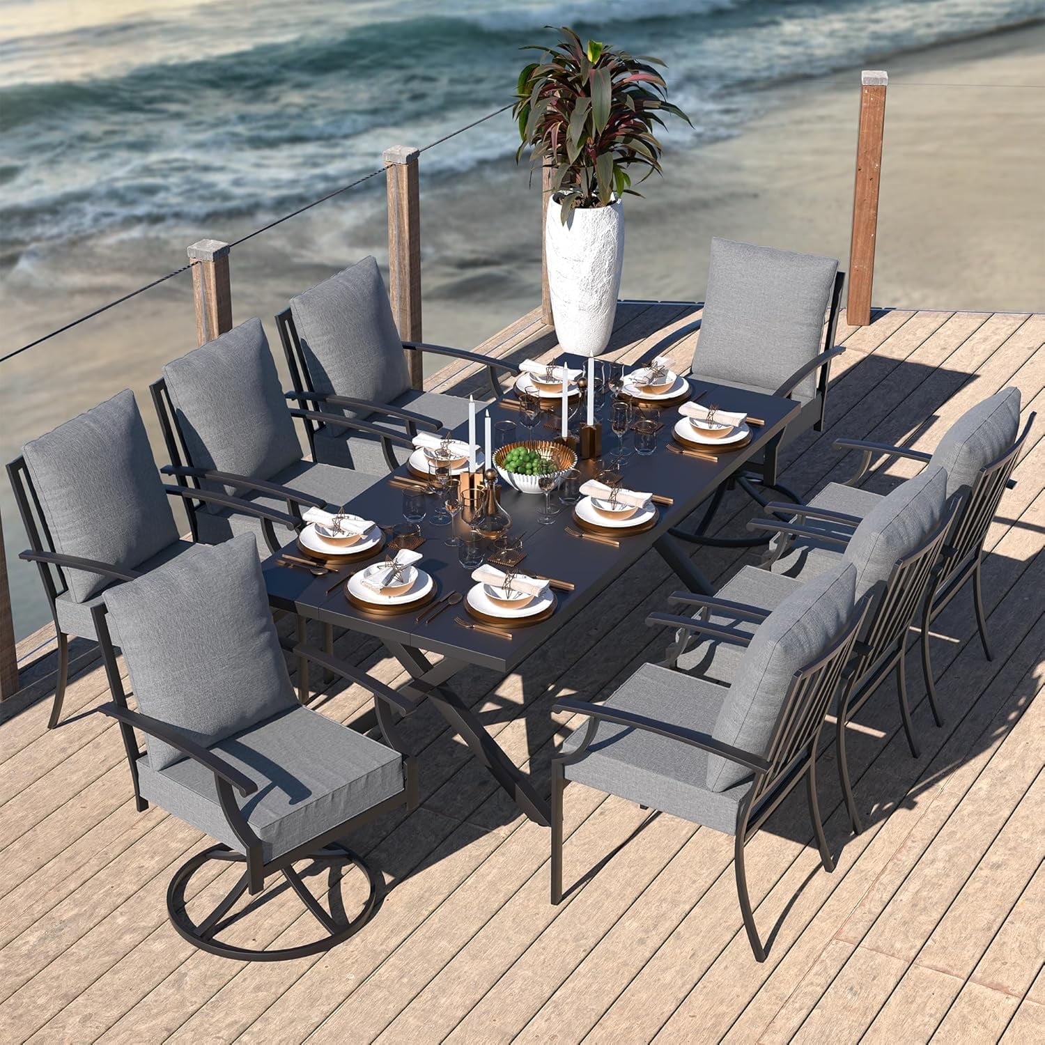 Kullavik 9 Pcs Dining Sets of 8,Fence Pattern Back Chairs & Swivel Chairs,Outdoor Patio Dinging Set For Patio,Backyard,Garden,Poolside-Grey