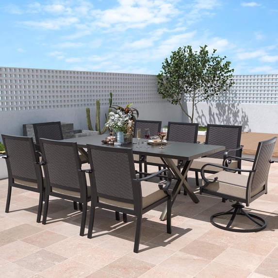Kullavik 9 Pieces Dining Sets For 8,Rattan Wicker Chairs & Swivel Chairs,Large Iron Longboard X-leg Table W/ Parasol Hole,Outdoor & Indoor Patio Dinging Set For Patio,Backyard,Garden,Poolside-Sand
