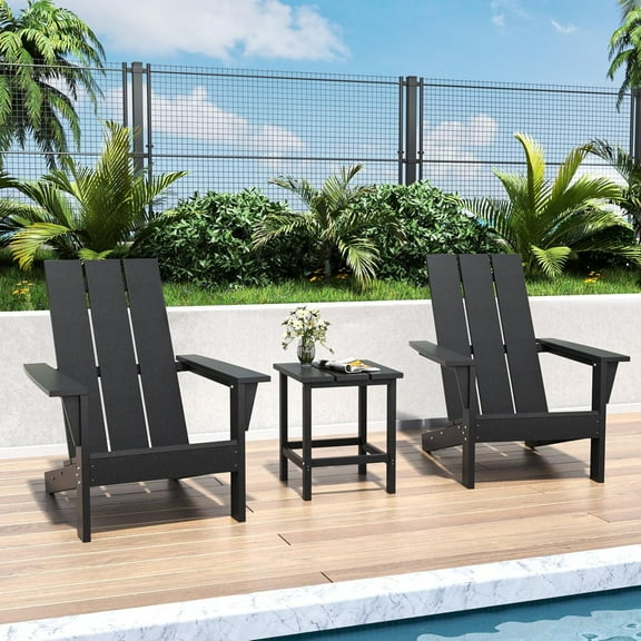 Kullavik Adirondack Chair 3 Piece Set With Table, Heavy All-Weather HDPE.Outdoor Lounge Chair for Patio Deck Garden, Backyard Deck& Lawn Furniture - Looks Exactly Like Real Wood-Black