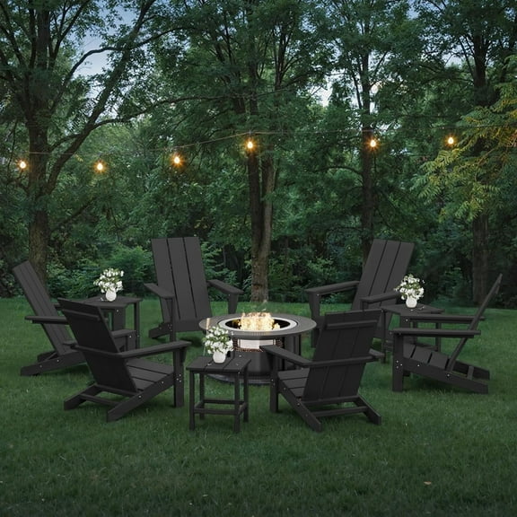Kullavik All-Weather HDPE Adirondack Chairs with Smokeless Fire Pit - Set of 6 Patio Chairs，Easy Assembly, Heavy Durable Outdoor Chair for Backyard, Garden, Pool Deck，Beach，Black