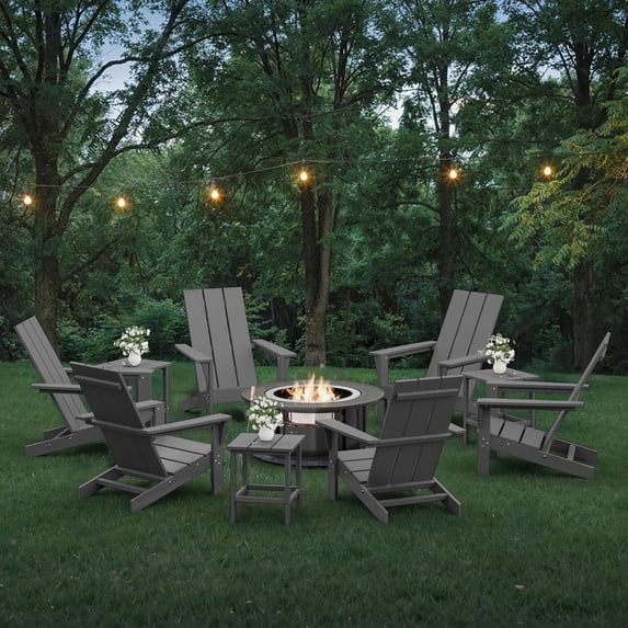 Kullavik All-Weather HDPE Adirondack Chairs with Smokeless Fire Pit - Set of 6 Patio Chairs,Easy Assembly, Heavy Durable Outdoor Chair for Backyard, Garden, Pool Deck,Beach,Grey