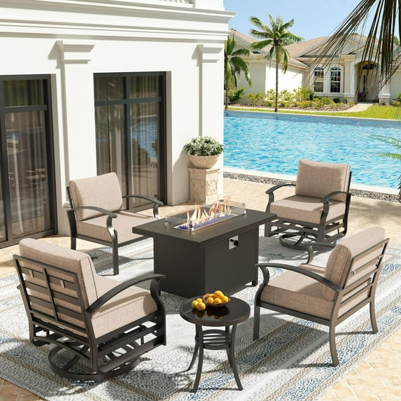 Kullavik Aluminum Patio Furniture Set,6 Pieces 4 Seat Metal Outdoor Furniture Conversation Set w/45 Propane Gas Fire Pit&Swivels,Sand